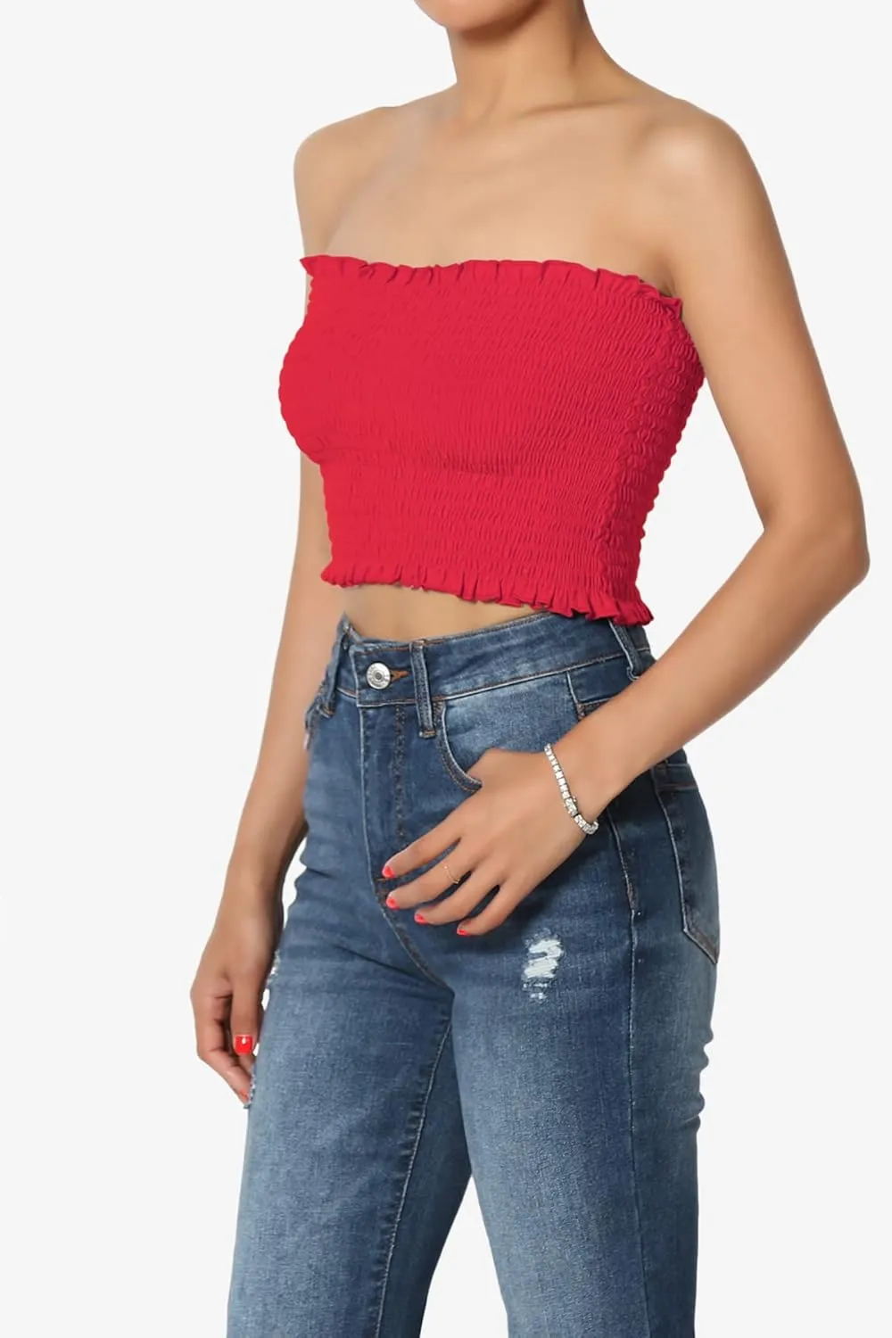 TheMogan Strapless Smocked Crop Tube Top Frill Shirred Stretch Bustier Bandeau