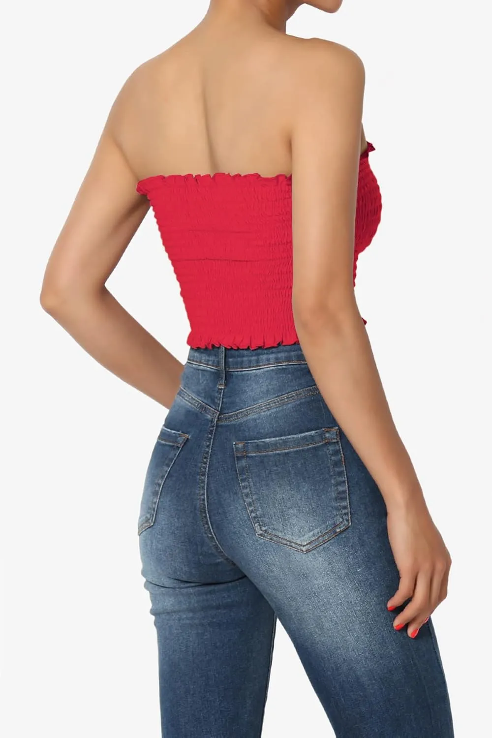 TheMogan Strapless Smocked Crop Tube Top Frill Shirred Stretch Bustier Bandeau