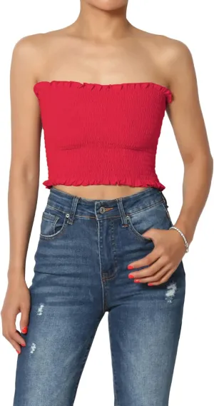 TheMogan Strapless Smocked Crop Tube Top Frill Shirred Stretch Bustier Bandeau