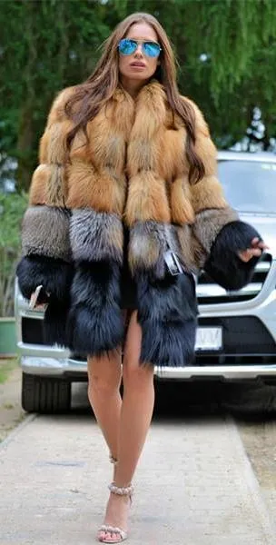 Thick Gold Grey Black Real Fox Fur Long Coat
