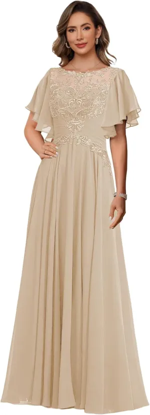 TIRAS Women's Ruffle Sleeves Mother of The Bride Dresses for Wedding Jewel Lace Chiffon Aline Formal Evening Gowns CM341