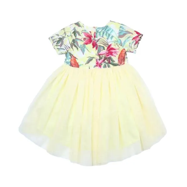 Tropical Print Tulle Dress in Yellow
