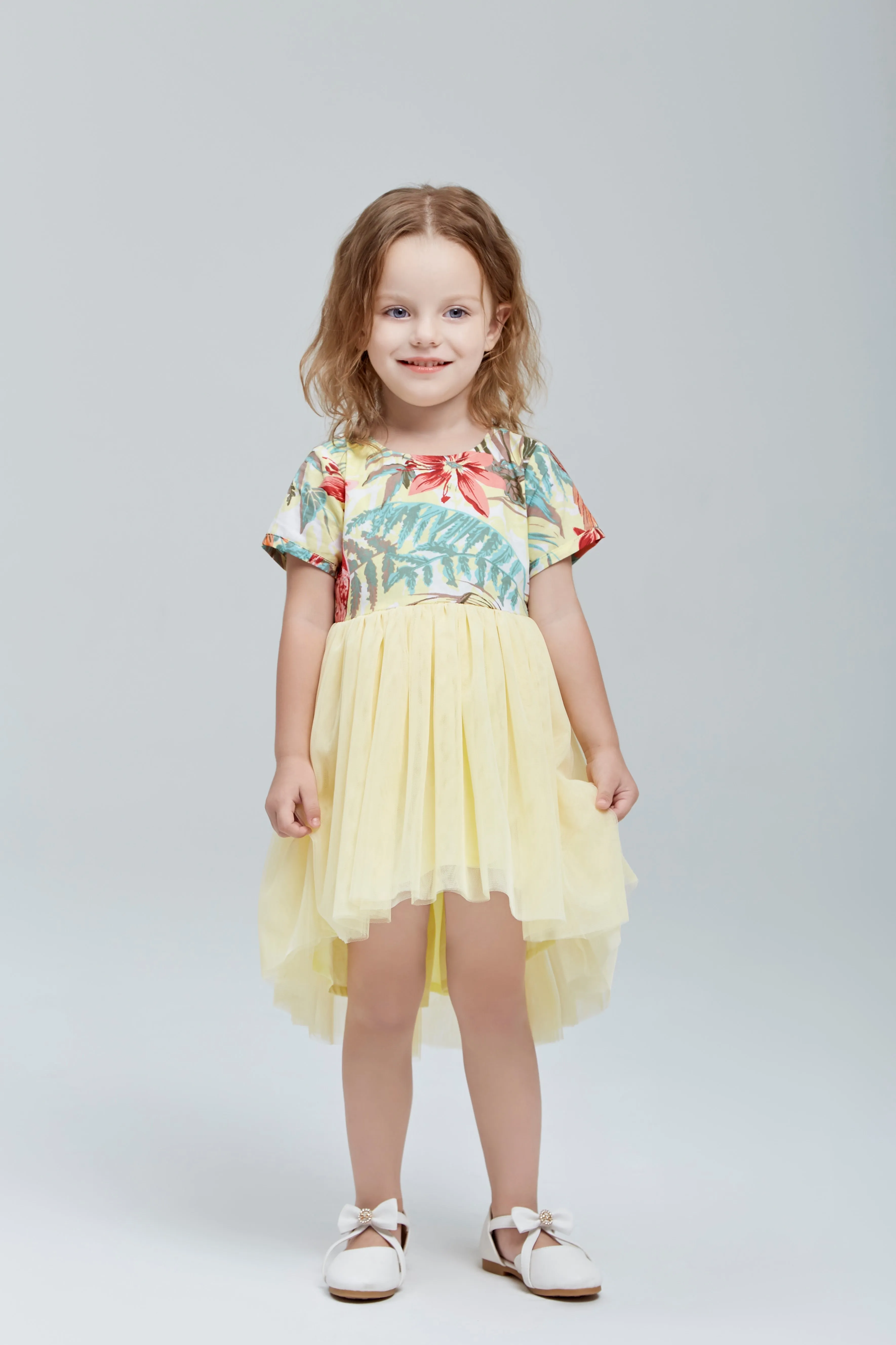 Tropical Print Tulle Dress in Yellow