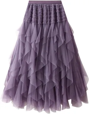 Tulle Tutu Skirts for Women Summer Fashion Elastic High Waist Tiered Ruffle Hem Midi Skirt Elegant Puffy Fairy Skirt