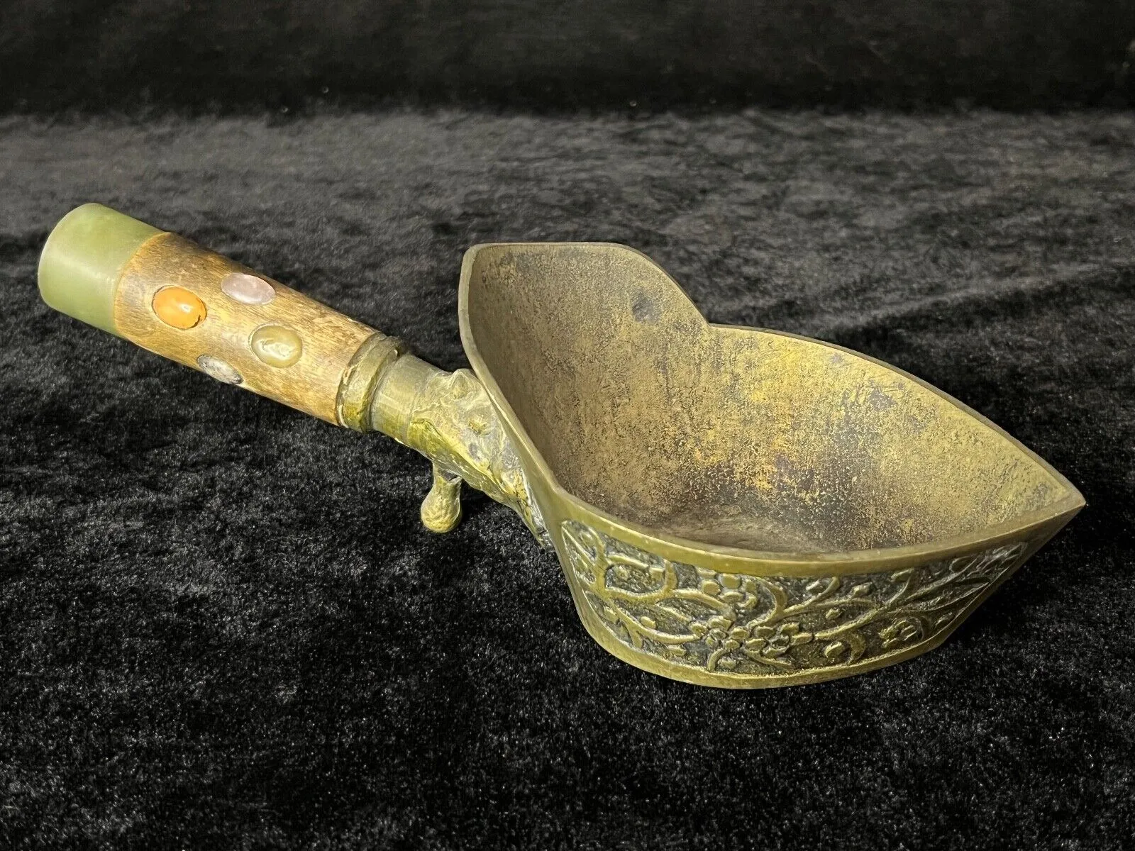 Vintage Chinese Bronze Silk Fabric Iron Inlay Stones & Jadite Hot Coals