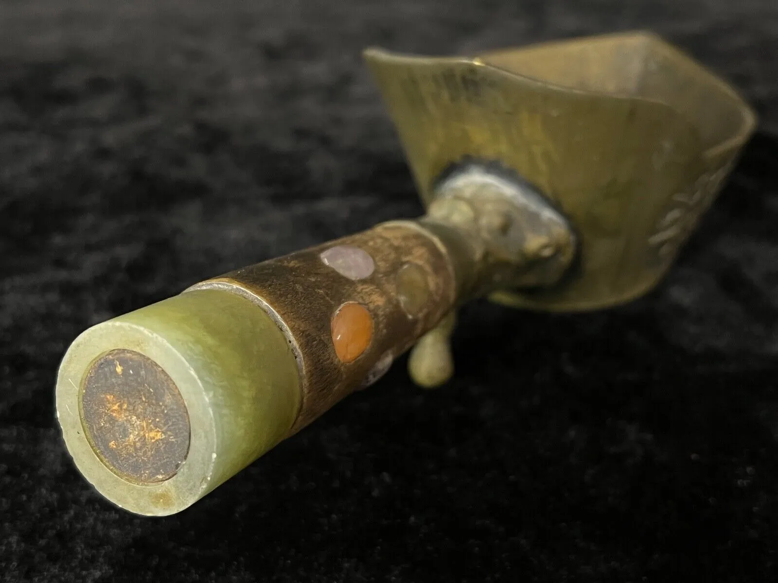 Vintage Chinese Bronze Silk Fabric Iron Inlay Stones & Jadite Hot Coals