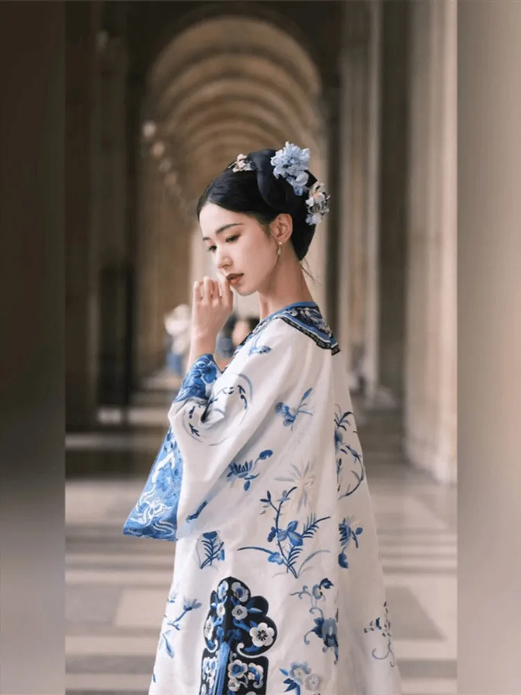 Vintage Han Elements Blue and White Porcelain Printed Jacquard Top for Women