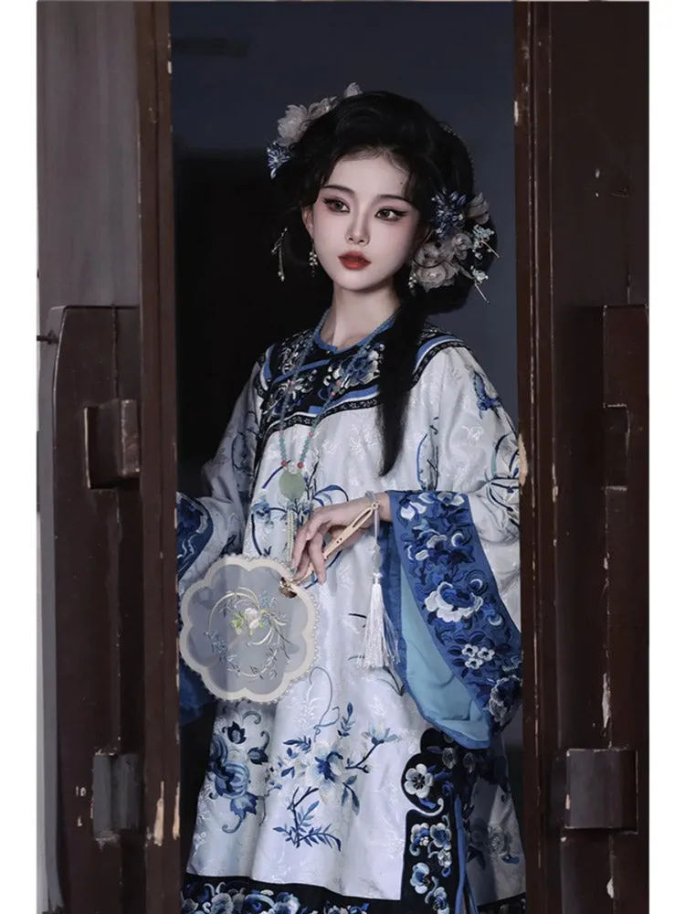 Vintage Han Elements Blue and White Porcelain Printed Jacquard Top for Women