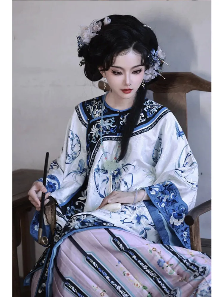 Vintage Han Elements Blue and White Porcelain Printed Jacquard Top for Women