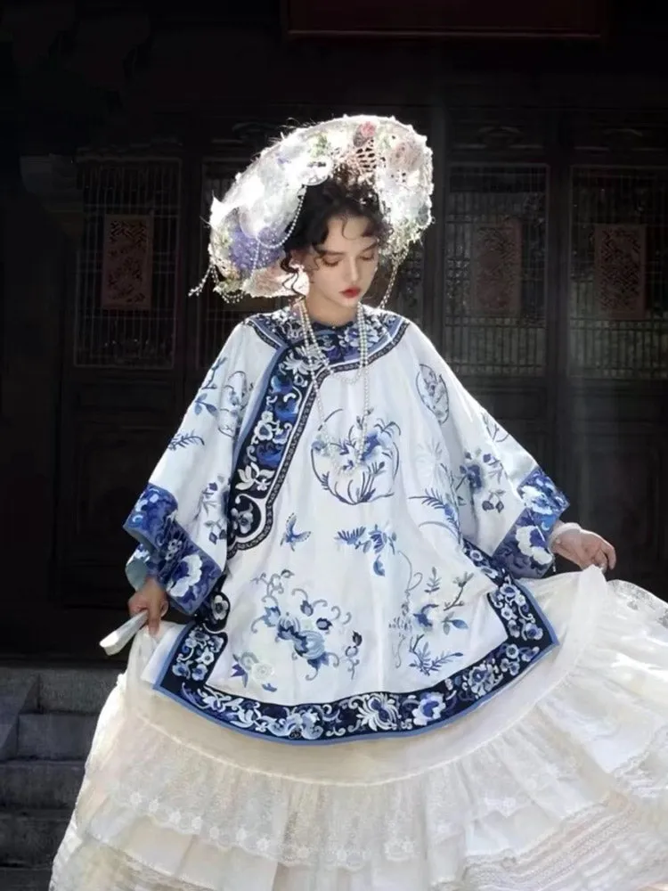 Vintage Han Elements Blue and White Porcelain Printed Jacquard Top for Women