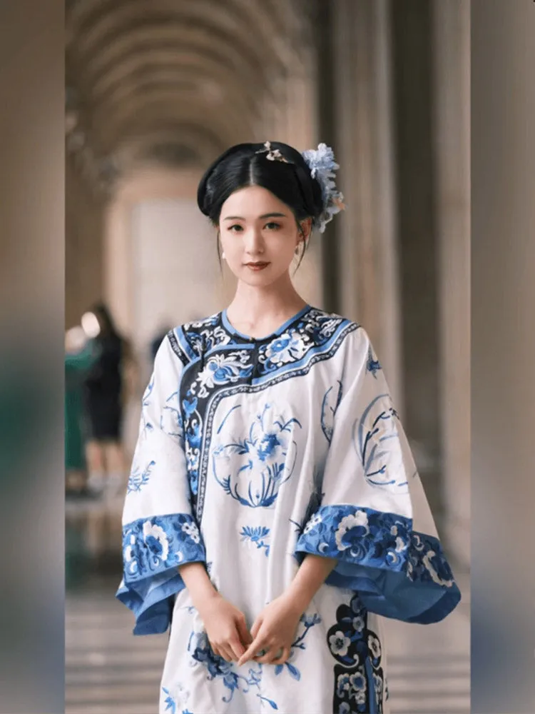 Vintage Han Elements Blue and White Porcelain Printed Jacquard Top for Women