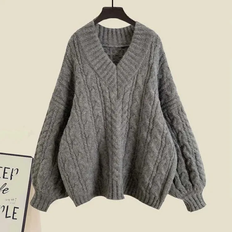 Vintage V-Neck Cable Sweater Shirt Pleated Skirt Three Piece Set