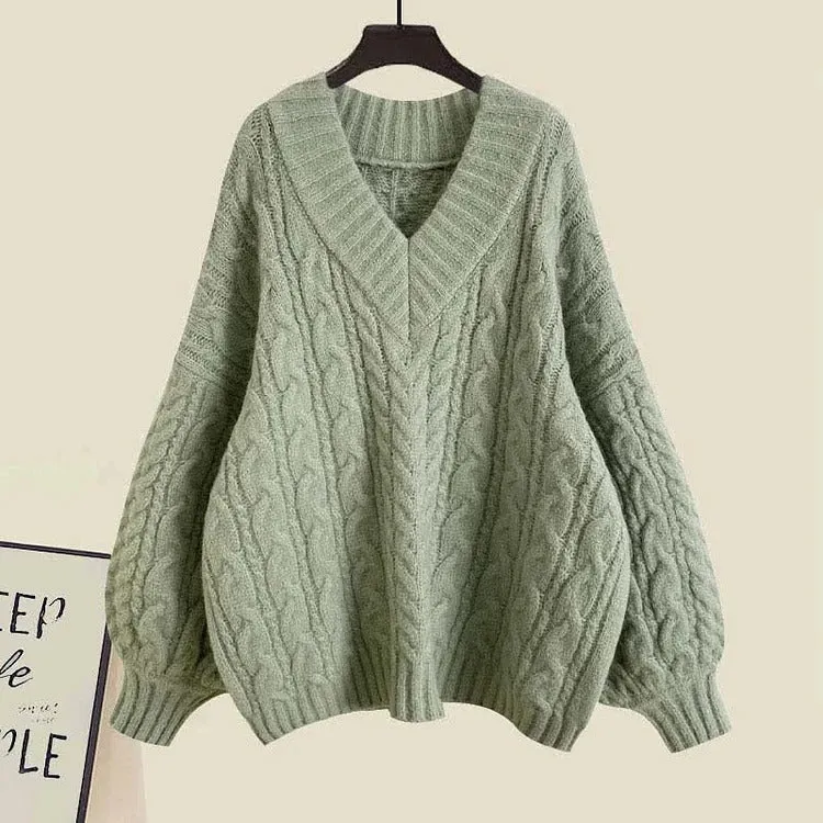 Vintage V-Neck Cable Sweater Shirt Pleated Skirt Three Piece Set