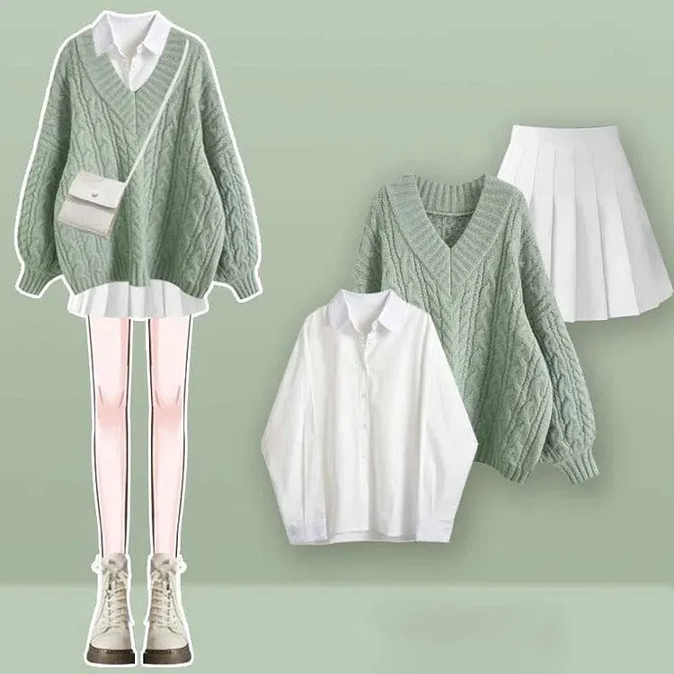 Vintage V-Neck Cable Sweater Shirt Pleated Skirt Three Piece Set