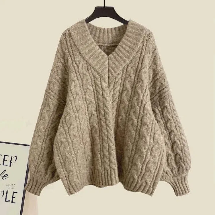 Vintage V-Neck Cable Sweater Shirt Pleated Skirt Three Piece Set