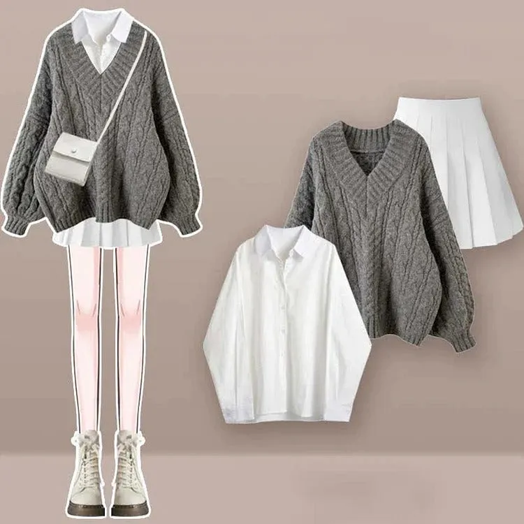 Vintage V-Neck Cable Sweater Shirt Pleated Skirt Three Piece Set