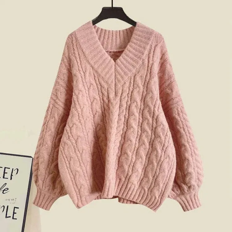 Vintage V-Neck Cable Sweater Shirt Pleated Skirt Three Piece Set