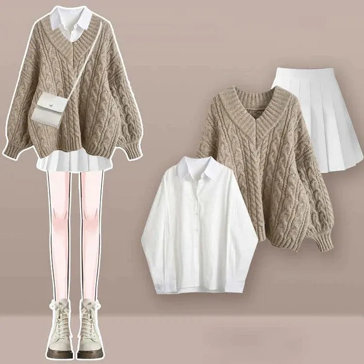 Vintage V-Neck Cable Sweater Shirt Pleated Skirt Three Piece Set