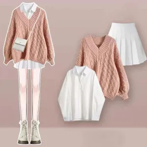 Vintage V-Neck Cable Sweater Shirt Pleated Skirt Three Piece Set