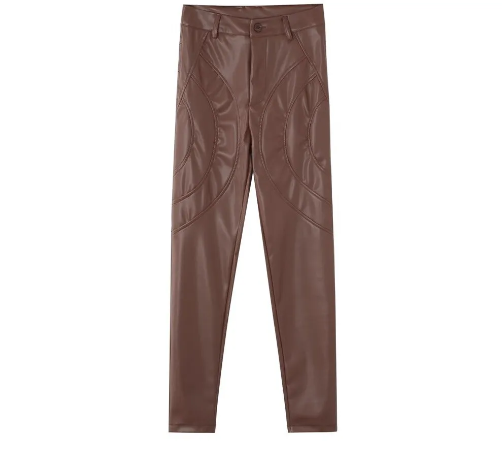 Wenkouban High Waist Spliced Loose Leather Pants Women Autumn Solid Drawstring PU Leather Trousers Women Straight Pants Female 2022