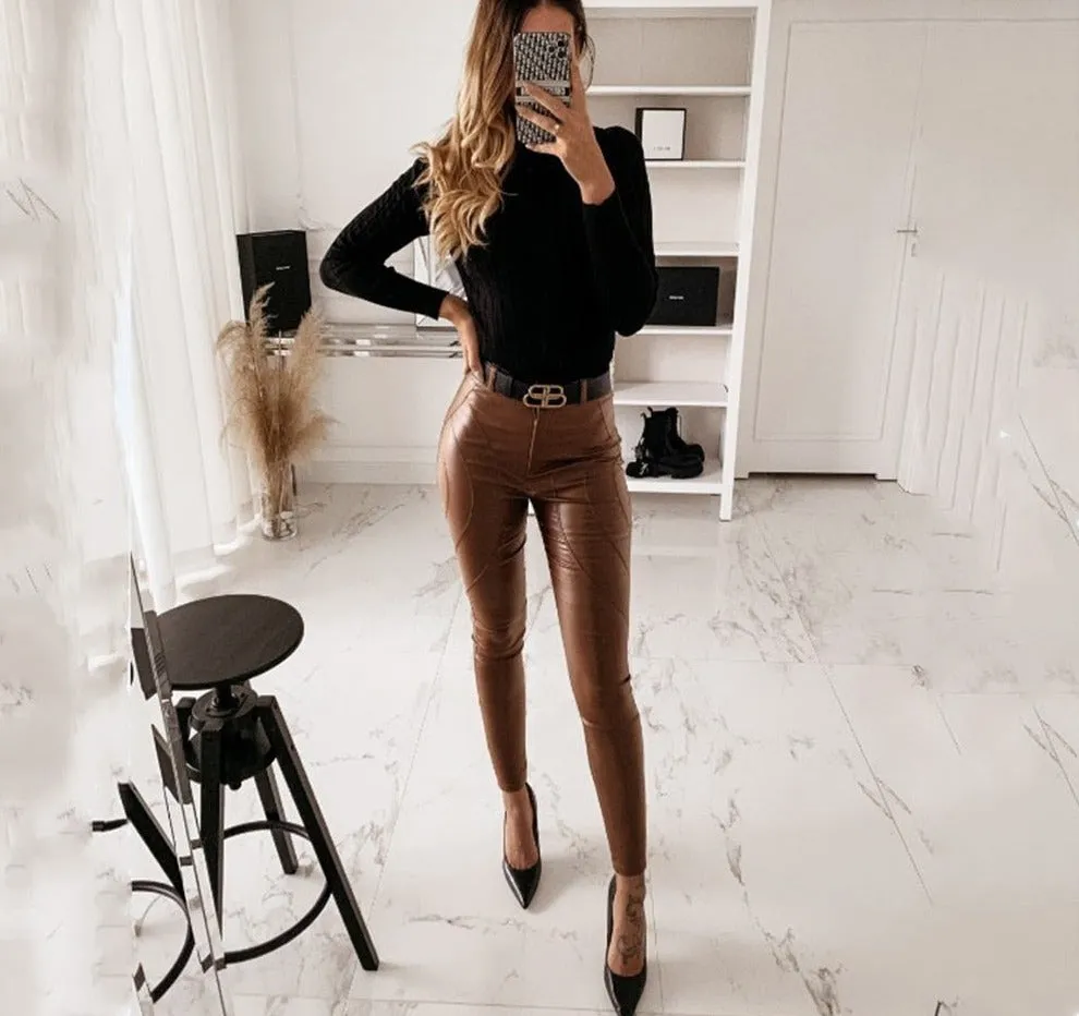 Wenkouban High Waist Spliced Loose Leather Pants Women Autumn Solid Drawstring PU Leather Trousers Women Straight Pants Female 2022