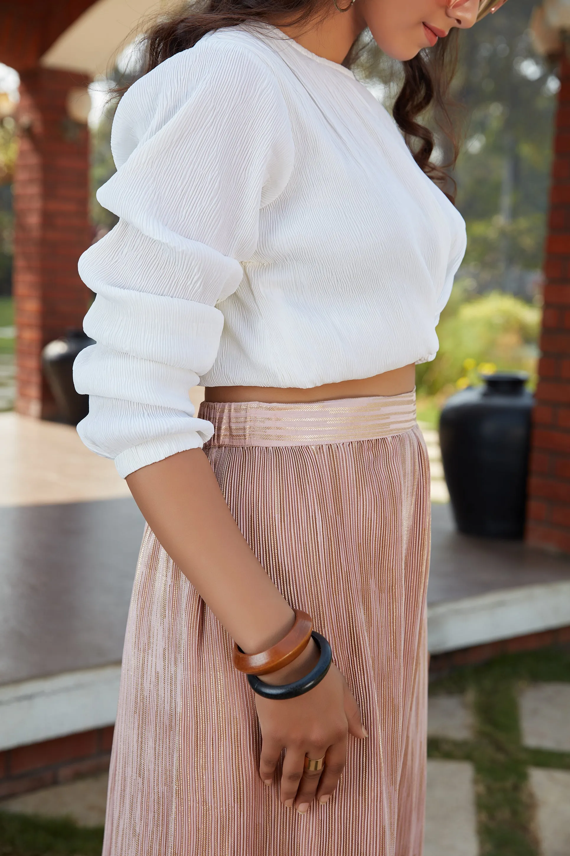 White-Peach Imported Indo Western Ready To Wear Skirt With Crop Top