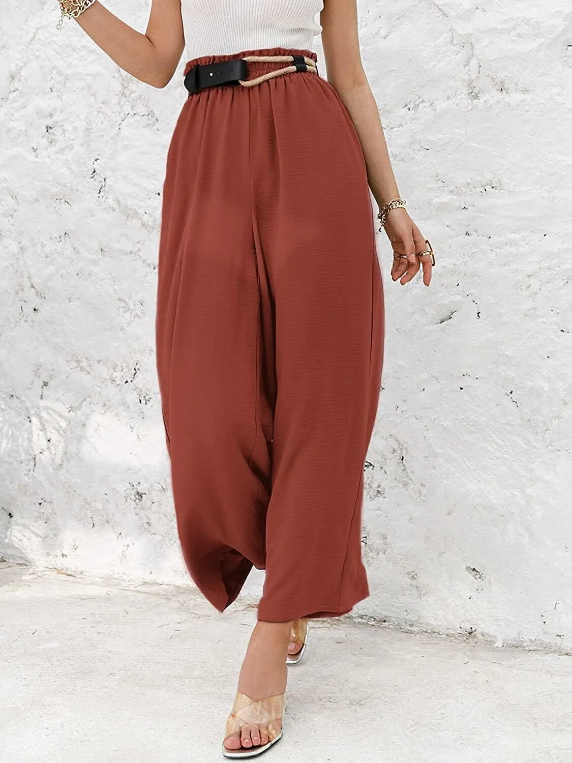 Wide Leg Pants for Women Linen Elastic Waist Joggers Straight Dress Pant Casual High Waist Summer Loose Fit Trousers