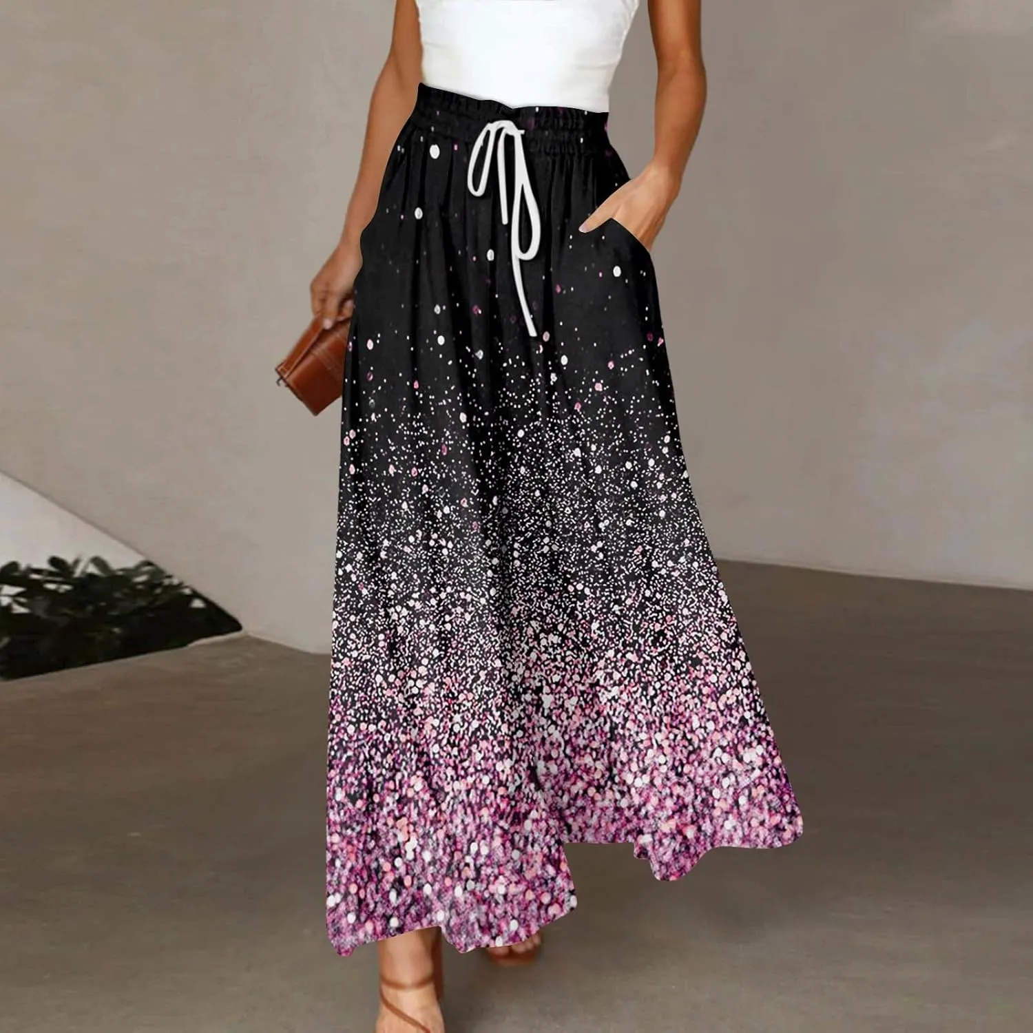 Wide Leg Pants Woman Summer 2025 Flowy High Waisted Trousers Baggy Drawstring Beach Pant with Pockets