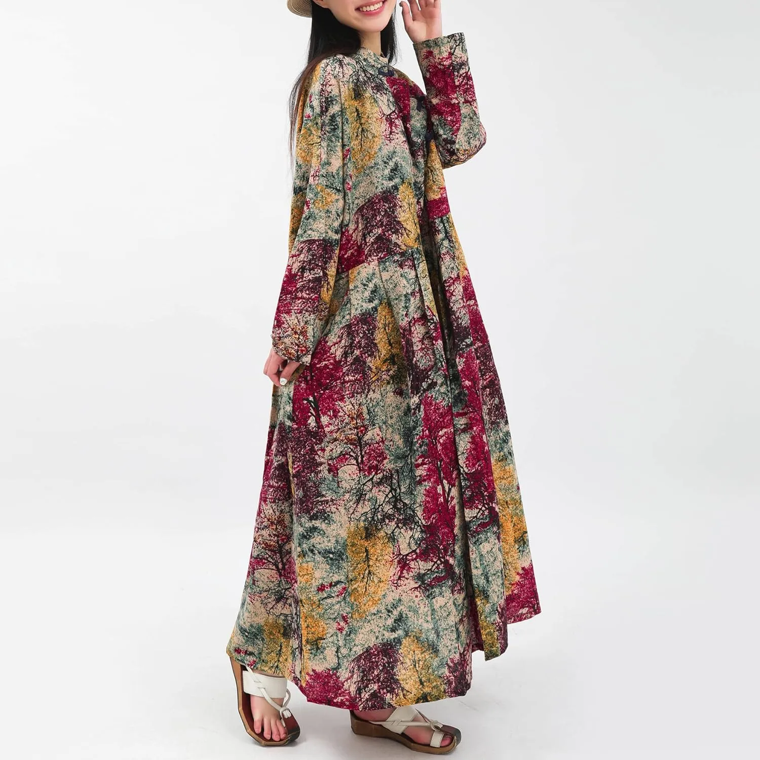 Women Boho Floral Print Cotton Long Maxi Skirt with Pockets and Adjustable Waistband Beach Casual Summer Dress