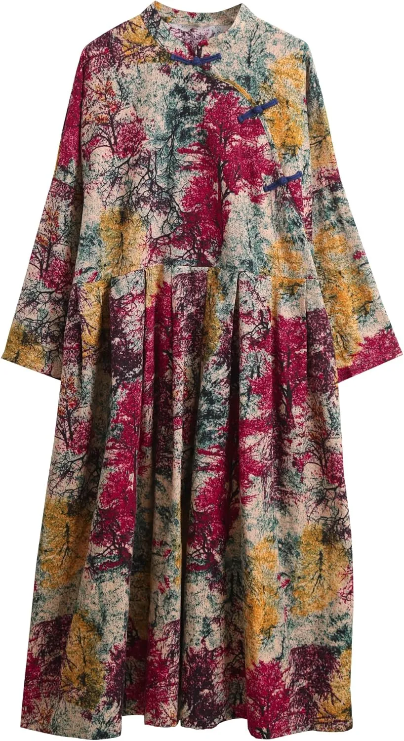 Women Boho Floral Print Cotton Long Maxi Skirt with Pockets and Adjustable Waistband Beach Casual Summer Dress