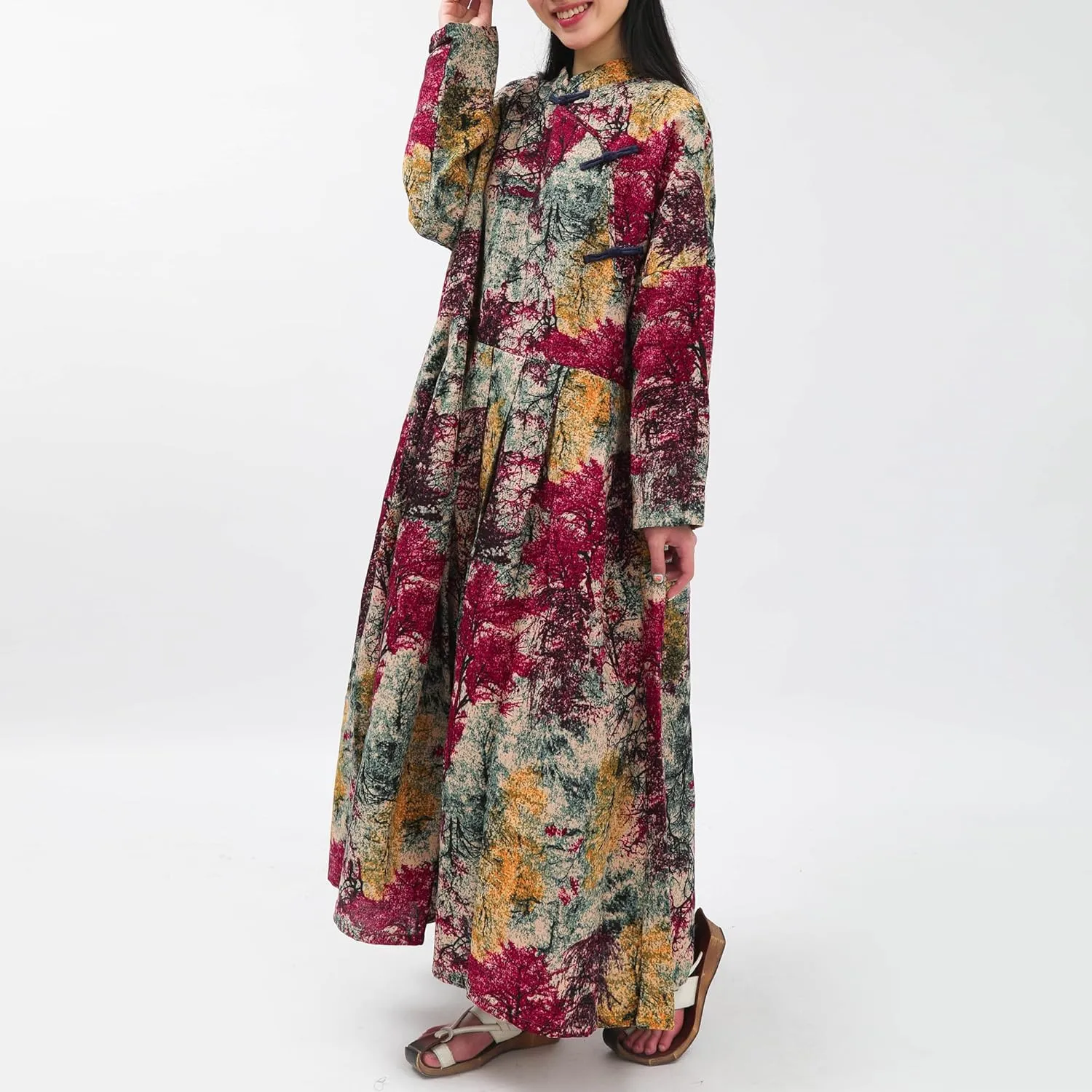 Women Boho Floral Print Cotton Long Maxi Skirt with Pockets and Adjustable Waistband Beach Casual Summer Dress