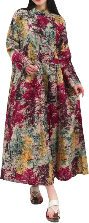 Women Boho Floral Print Cotton Long Maxi Skirt with Pockets and Adjustable Waistband Beach Casual Summer Dress