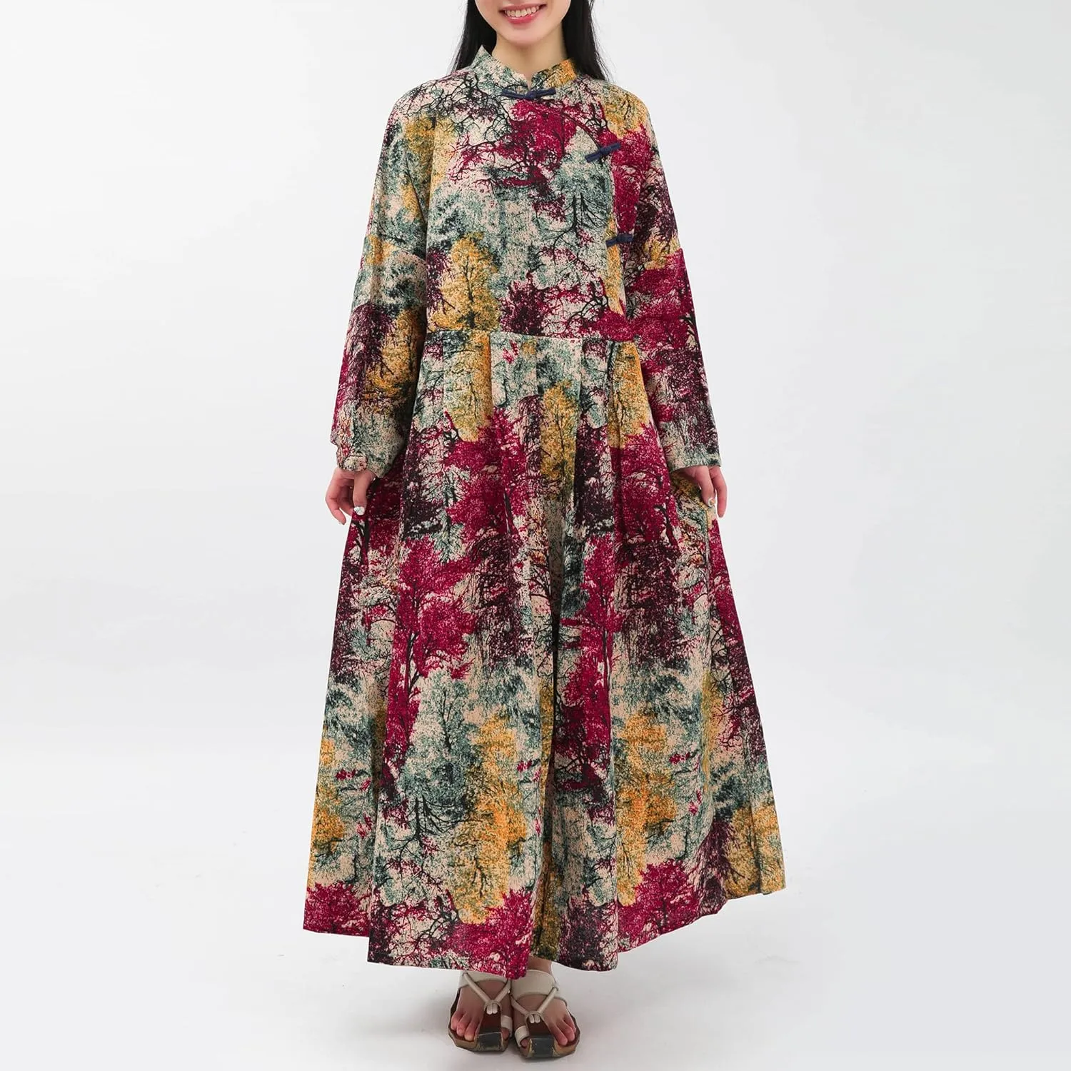 Women Boho Floral Print Cotton Long Maxi Skirt with Pockets and Adjustable Waistband Beach Casual Summer Dress