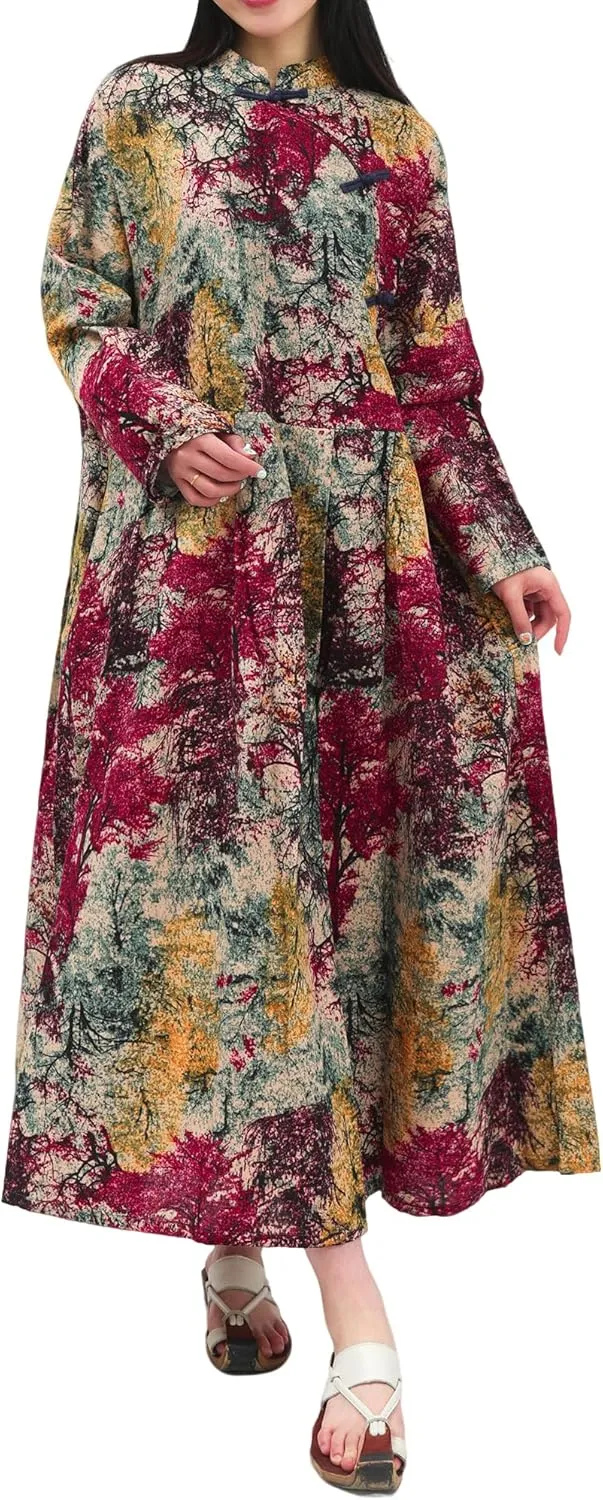 Women Boho Floral Print Cotton Long Maxi Skirt with Pockets and Adjustable Waistband Beach Casual Summer Dress