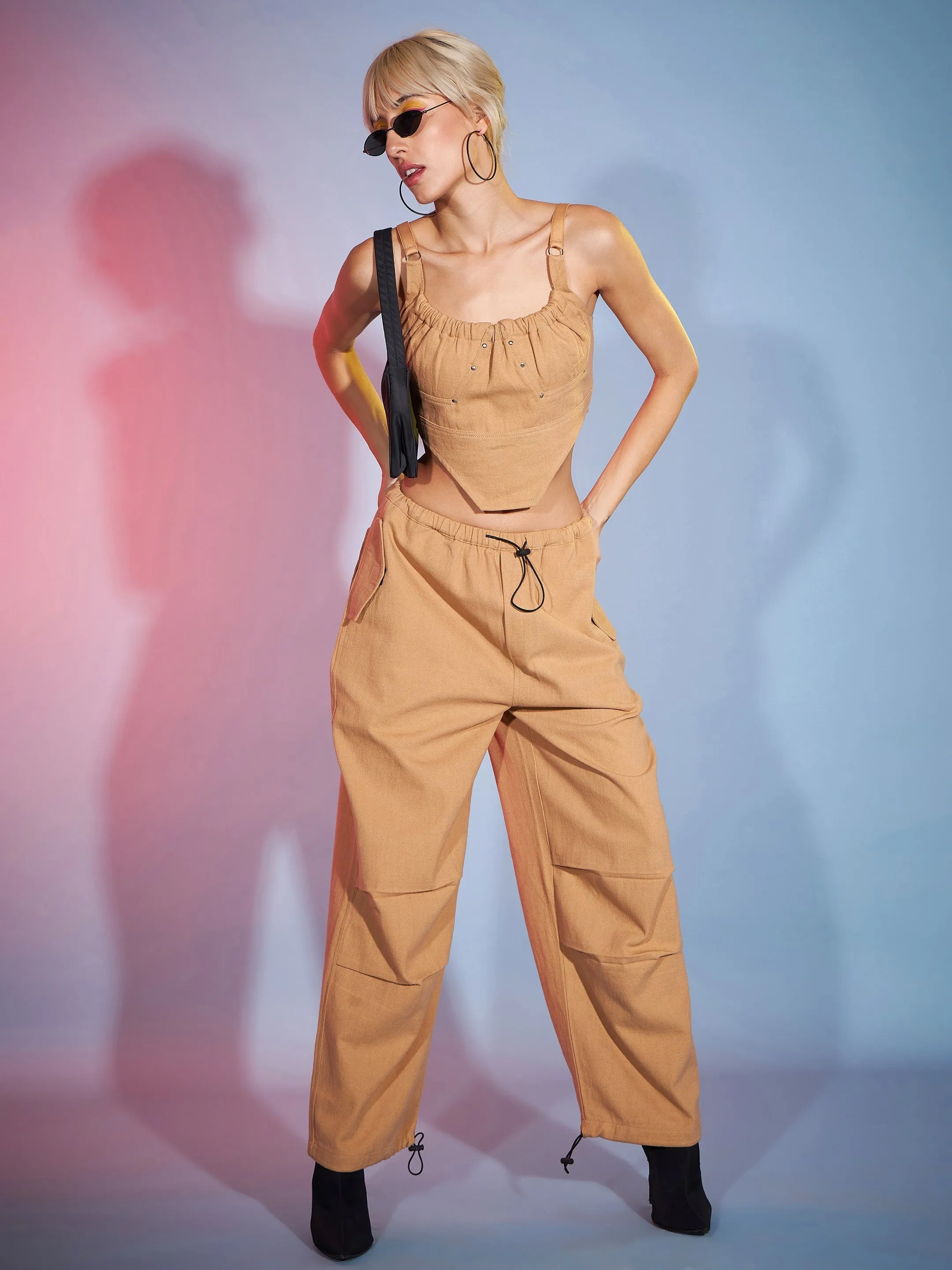 Women Brown Twill Bustier Crop Top