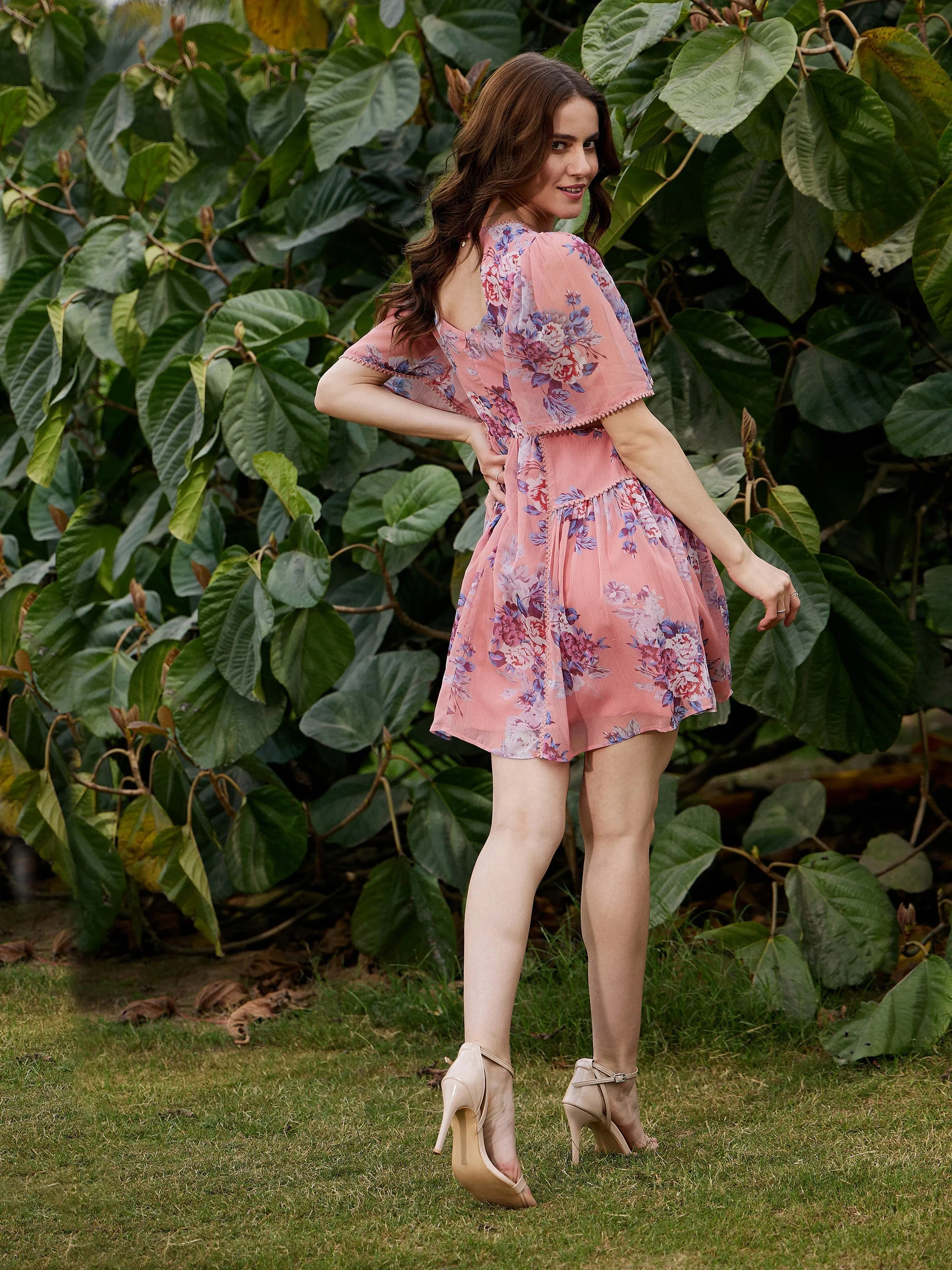 Women Peach Floral Waist Cut Out Skater Dress