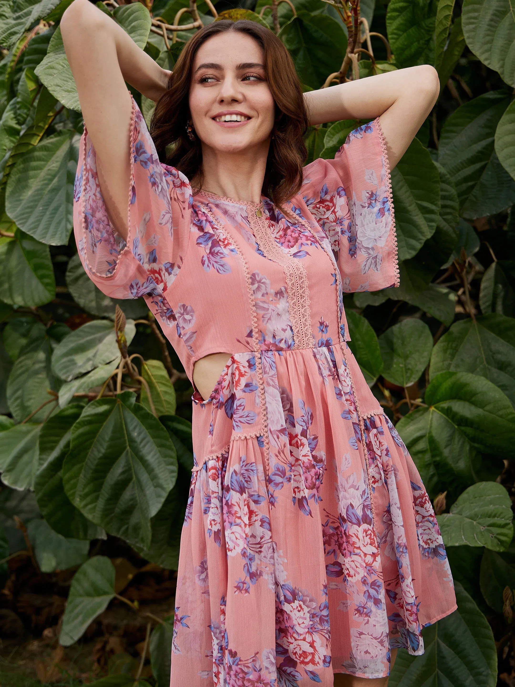 Women Peach Floral Waist Cut Out Skater Dress