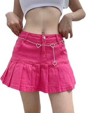 Women Y2K Pleated Jean Skirt Casual Low Waist Ruffle A Line Flare Denim Mini Skirt Summer Going Out Streetwear