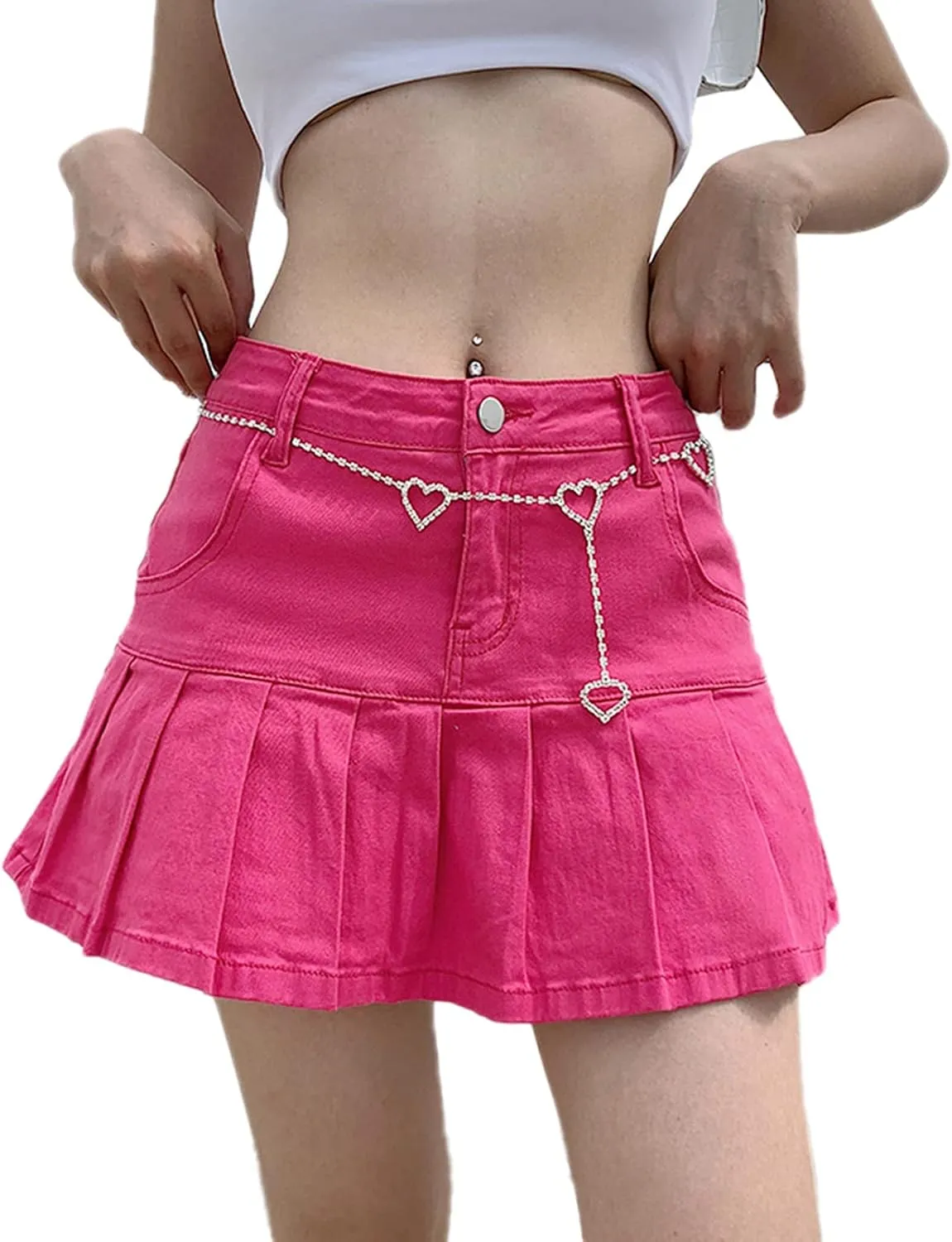 Women Y2K Pleated Jean Skirt Casual Low Waist Ruffle A Line Flare Denim Mini Skirt Summer Going Out Streetwear