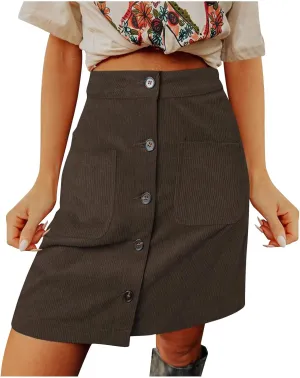 Womens Corduroy Skirts Fall Winter Casual High Waist Button Down Front Solid Color A-line Short Skirt with Pockets