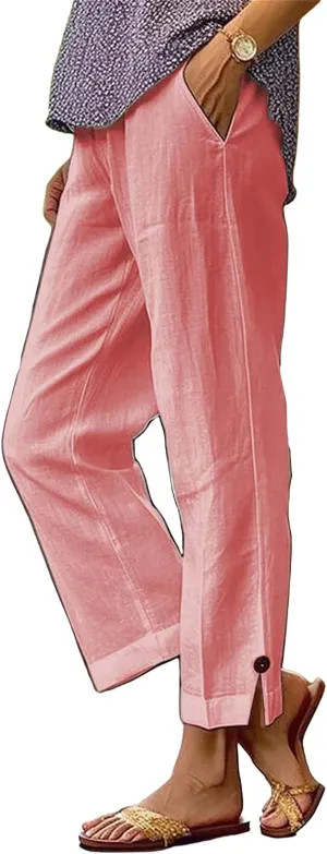 Women's Linen Pants Summer Elastic High Waisted Wide Leg Pant Casual Lightweight Straight Leg Pants with Pockets
