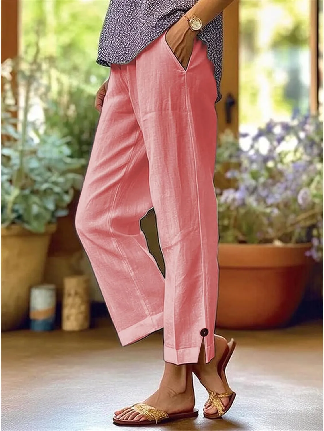 Women's Linen Pants Summer Elastic High Waisted Wide Leg Pant Casual Lightweight Straight Leg Pants with Pockets