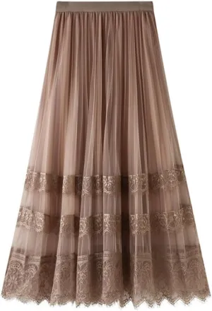 Women's Midi Skirt Elastic High Waist Lace Tulle Skirt Pleated Skirt