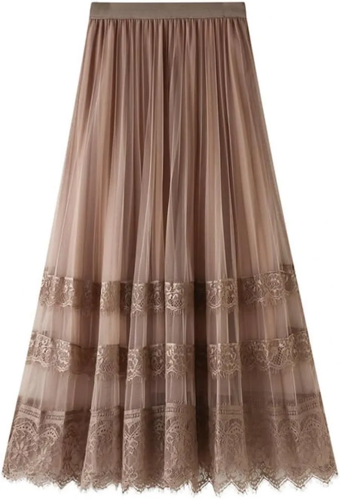Women's Midi Skirt Elastic High Waist Lace Tulle Skirt Pleated Skirt