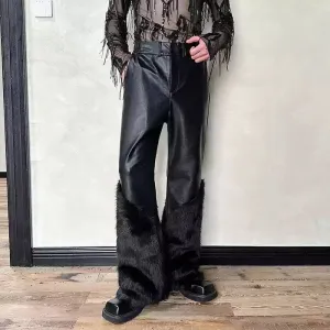 Woo Spliced Fur PU Leather Pants
