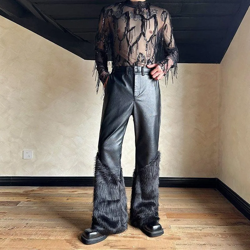 Woo Spliced Fur PU Leather Pants