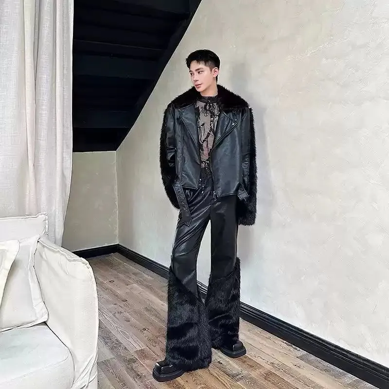 Woo Spliced Fur PU Leather Pants