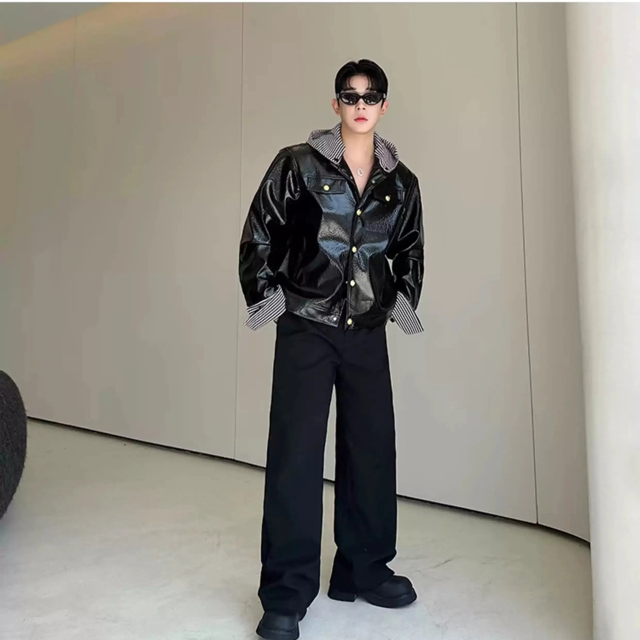Woo Striped Spliced PU Leather Jacket