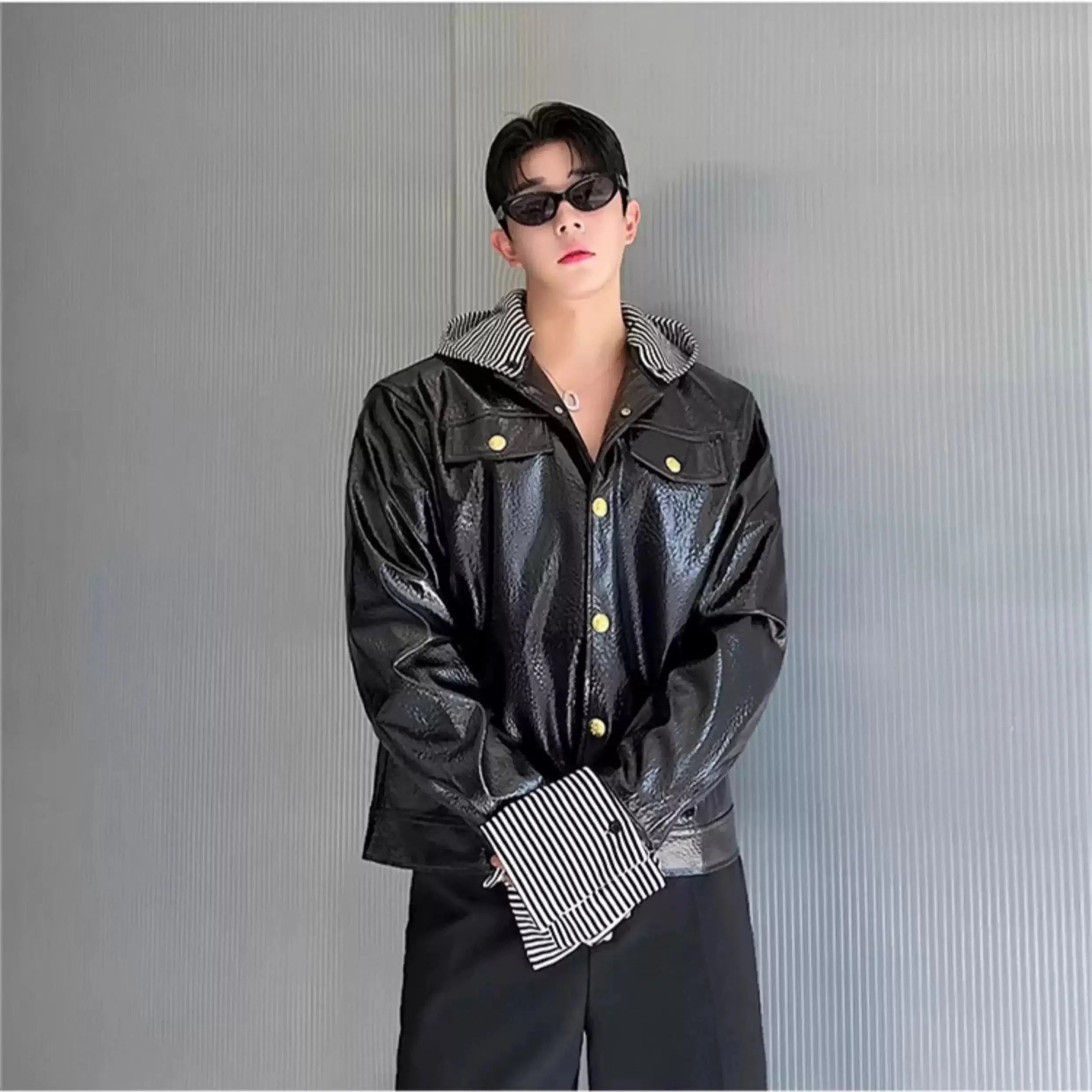 Woo Striped Spliced PU Leather Jacket