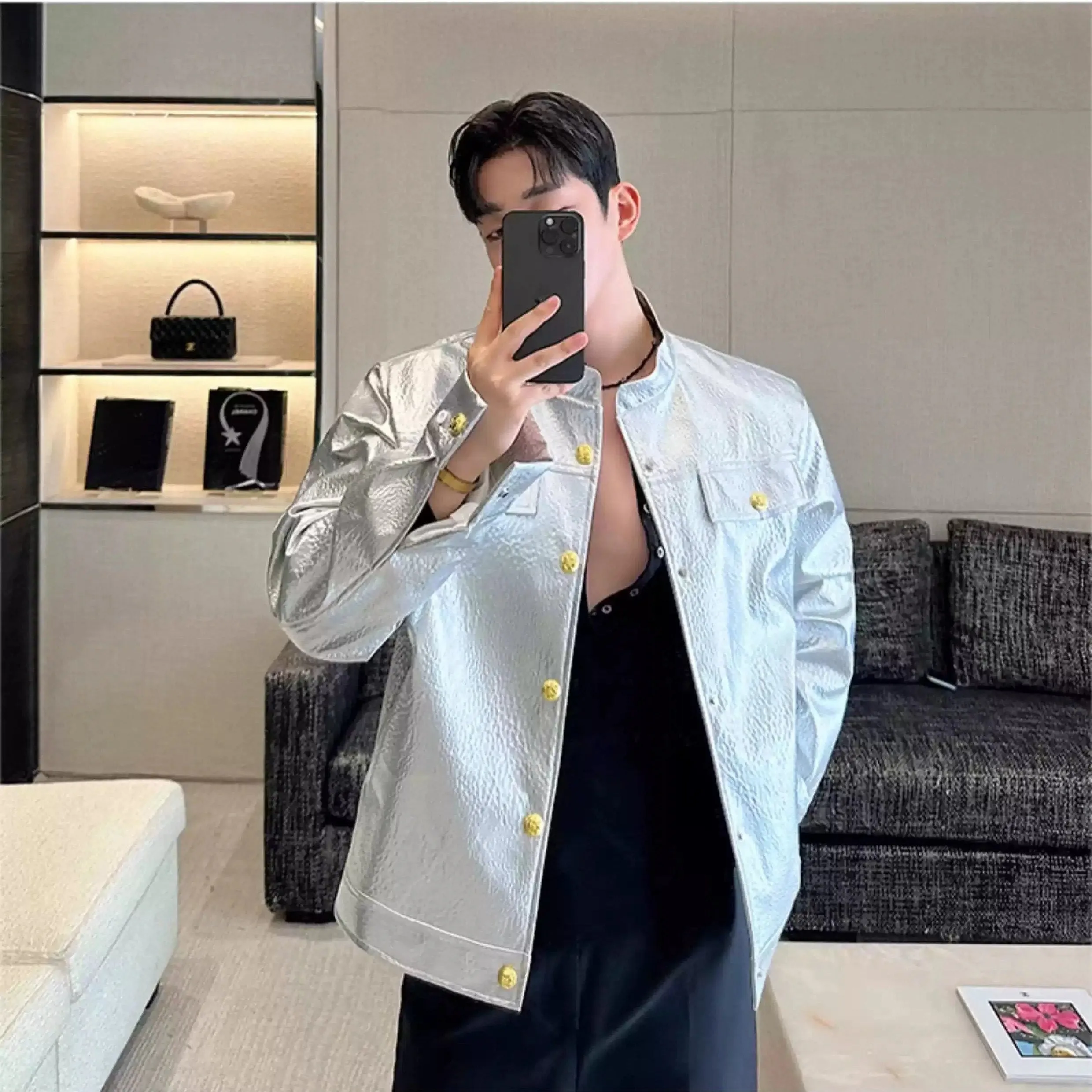Woo Striped Spliced PU Leather Jacket